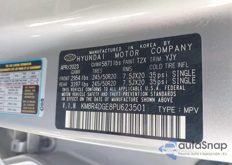 2023 Hyundai Palisade Sel z USA, uszkodzony, nr VIN KM8R4DGE8PU623501